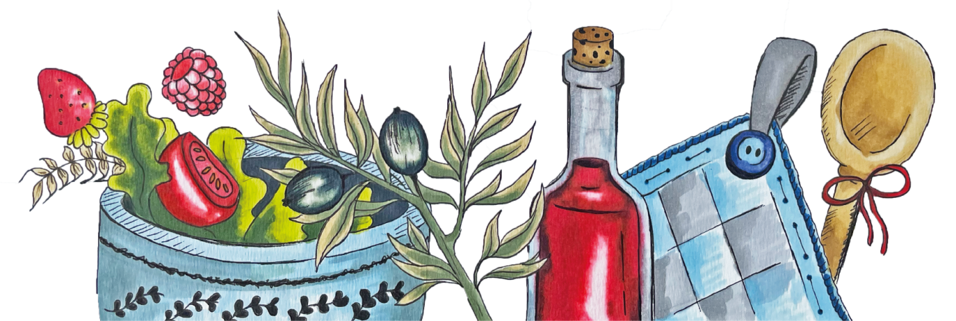 Illustration Feinkost Illustration zum Thema Feinkost, Essig & Öl, Salat, Oliven, Kochlöffel und Topflappen